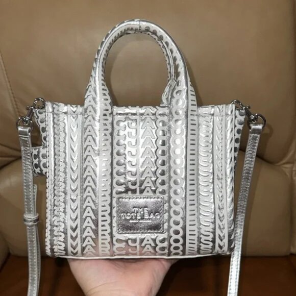 Marc Jacobs Silver Leather Metallic Mini The Tote Crossbody Bag NWT - Picture 4 of 16